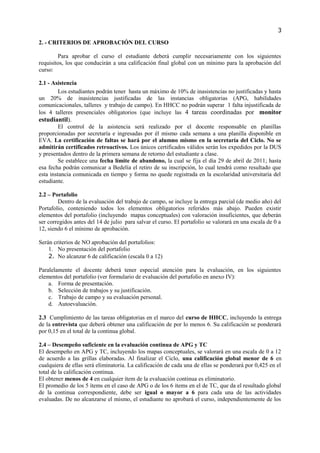 3

2. - CRITERIOS DE APROBACIÓN DEL CURSO

        Para aprobar el curso el estudiante deberá cumplir necesariamente con los siguientes
requisitos, los que conducirán a una calificación final global con un mínimo para la aprobación del
curso:

2.1 - Asistencia
        Los estudiantes podrán tener hasta un máximo de 10% de inasistencias no justificadas y hasta
un 20% de inasistencias justificadas de las instancias obligatorias (APG, habilidades
comunicacionales, talleres y trabajo de campo). En HHCC no podrán superar 1 falta injustificada de
los 4 talleres presenciales obligatorios (que incluye las 4 tareas coordinadas por monitor
estudiantil).
         El control de la asistencia será realizado por el docente responsable en planillas
proporcionadas por secretaría e ingresadas por él mismo cada semana a una planilla disponible en
EVA. La certificación de faltas se hará por el alumno mismo en la secretaría del Ciclo. No se
admitirán certificados retroactivos. Los únicos certificados válidos serán los expedidos por la DUS
y presentados dentro de la primera semana de retorno del estudiante a clase.
         Se establece una fecha límite de abandono, la cual se fija el día 29 de abril de 2011; hasta
esa fecha podrán comunicar a Bedelía el retiro de su inscripción, lo cual tendrá como resultado que
esta instancia comunicada en tiempo y forma no quede registrada en la escolaridad universitaria del
estudiante.

2.2 – Portafolio
        Dentro de la evaluación del trabajo de campo, se incluye la entrega parcial (de medio año) del
Portafolio, conteniendo todos los elementos obligatorios referidos más abajo. Pueden existir
elementos del portafolio (incluyendo mapas conceptuales) con valoración insuficientes, que deberán
ser corregidos antes del 14 de julio para salvar el curso. El portafolio se valorará en una escala de 0 a
12, siendo 6 el mínimo de aprobación.

Serán criterios de NO aprobación del portafolios:
    1. No presentación del portafolio
    2. No alcanzar 6 de calificación (escala 0 a 12)

Paralelamente el docente deberá tener especial atención para la evaluación, en los siguientes
elementos del portafolio (ver formulario de evaluación del portafolio en anexo IV):
    a. Forma de presentación.
    b. Selección de trabajos y su justificación.
    c. Trabajo de campo y su evaluación personal.
    d. Autoevaluación.

2.3 Cumplimiento de las tareas obligatorias en el marco del curso de HHCC, incluyendo la entrega
de la entrevista que deberá obtener una calificación de por lo menos 6. Su calificación se ponderará
por 0,15 en el total de la continua global.

2.4 – Desempeño suficiente en la evaluación continua de APG y TC
El desempeño en APG y TC, incluyendo los mapas conceptuales, se valorará en una escala de 0 a 12
de acuerdo a las grillas elaboradas. Al finalizar el Ciclo, una calificación global menor de 6 en
cualquiera de ellas será eliminatoria. La calificación de cada una de ellas se ponderará por 0,425 en el
total de la calificación continua.
El obtener menos de 4 en cualquier ítem de la evaluación continua es eliminatorio.
El promedio de los 5 ítems en el caso de APG o de los 6 ítems en el de TC, que da el resultado global
de la continua correspondiente, debe ser igual o mayor a 6 para cada una de las actividades
evaluadas. De no alcanzarse el mismo, el estudiante no aprobará el curso, independientemente de los
 