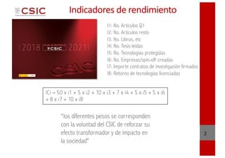 Indicadores de rendimiento
2
“los diferentes pesos se corresponden
con la voluntad del CSIC de reforzar su
efecto transfor...
