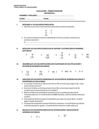 UNIDAD EDUCATIVA
“FRANZ TAMAYO DE CHACHACOMANI”
EVALUACIÓN – PRIMER TRIMESTRE
MATEMÁTICA
NOMBRES Y APELLIDOS………………………………………………………….……………………
CURSO:………………………………..…… FECHA:………………………………..……………………
I. RESPONDE A LAS SIGUIENTESPREGUNTAS:
1. Identificaryescribirlostérminosde ladivisiónde númerosnaturales:
2. En nuestravidadiariaestamosrodeadosde números¿Cuándo utilizamoslos
númerosnaturales?
R.- ……………………………………………………………………………………………………………………
………………………………………………………………………………………………………………………..
II. RESOLVER LOS SIGUIENTESEJERCICIOS DE ADICIÓN Y SUSTRACCIÓNDE NÚMEROS
NATURALES:
III. DESARROLLAR LOS SIGUIENTESEJERCICIOS PLANTEADOS DE MULTIPLICACIÓN Y
DIVISIÓN DE NÚMEROS NATURALES:
IV. ANALIZAR LOS SIGUIENTES PROBLEMAS DE APLICACIÓNDE NÚMEROSNATURALES Y
ENCONTRAR LAS SOLUCIONES:
1. La sumade 3 númeroses120 uno de elloses78, el númeroque sigue es42. ¿Cuál
será el últimonúmero?
2. Ana tiene 52 años,su hermanamenortiene 50 y suhermanomayortiene 54.
¿Cuántoserá lasuma total de las tres edades?
3. Rositavendióciertacantidadde manzanasy aún le quedandoscajas de 50
manzanascada una. Si inicialmente tenía600 manzanas.¿Rositacuantas manzanas
vendió?
4. Una madre de familiacompra4 empastadosque cada unacuesta 30 bs.¿Cuánto
pagó lamadre de familia?
5. Un grupo de estudiantescompran50 dulcescaramelos.Si se distribuyenlosdulces
caramelosporpartes iguales.¿Cuantosdulcescaramelosrecibe cadauno?
V. RESUELVE LOS SIGUIENTESEJERCICIOS DE POTENCIACIÓNY RADICACIÓNDE
NÚMEROS NATURALES:
12 6
12 2
(0)
46
+ 51
1.
____
691
+ 528
2.
____
35
+ 48
15
3.
____
36
- 28
4.
__
682
- 451
5.
___
525
x 12
1.
____
812
x 60
2.
____
326 2
3. 6432 32
4. 72 8
5.
63 =
1. 81
2.
____
 