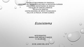 INTEGRANTES:
MARIA JOSE AREVALO MATOS
C.I 26.299.984
25 DE JUNIO DEL 2018
REPUBLICA BOLIVARIANA DE VENEZUELA
MINISTERIO DEL PODER POPULAR PARA LA EDUCACION SUPERIOR
UNIVERSIDAD BICENTENARIA DE ARAGUA
FACULTAD DE CIENCIAS JURIDICAS
ESCUELA DE DERECHO
CENTRO REGIONAL DE APOYO TECNOLOGICO
VALLE DE LA PASCUA. ESTADO GUARICO
Ecosistema
 