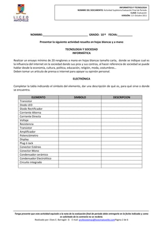 INFORMÁTICA Y TECNOLOGIA
                                                             NOMBRE DEL DOCUMENTO: Actividad Supletoria Evaluación Final de Periodo
                                                                                                                 CLASE: Evaluación
                                                                                                       VERSIÓN: 1.0 Octubre 2011




               NOMBRE:______________________________ GRADO: 10 º FECHA:__________

                        Presentar la siguiente actividad resuelta en hojas blancas y a mano

                                                 TECNOLOGIA Y SOCIEDAD
                                                     INFORMÁTICA

Realizar un ensayo mínimo de 20 renglones a mano en hojas blancas tamaño carta, donde se indique cual es
la influencia del internet en la sociedad dando sus pros y sus contras, al hacer referencia de sociedad se puede
hablar desde la economía, cultura, política, educación, religión, moda, costumbres…
Deben tomar un artículo de prensa o internet para apoyar su opinión personal.

                                                        ELECTRÓNICA

Completar la tabla indicando el símbolo del elemento, dar una descripción de qué es, para qué sirve o donde
se encuentra.

                ELEMENTO                                 SIMBOLO                                 DESCRIPCION
     Transistor
     Diodo LED
     Diodo Rectificador
     Corriente Alterna
     Corriente Directa
     Voltaje
     Resistencia
     Transistor
     Amplificador
     Potenciómetro
     Display
     Plug ó Jack
     Conector Estéreo
     Conector Mono
     Condensador cerámico
     Condensador Electrolítico
     Circuito integrado




Tenga presente que esta actividad equivale a la nota de la evaluación final de periodo debe entregarla en la fecha indicada y como
                                            es solicitado de lo contrario no se recibirá.
                  Realizado por: Elves E. Barragán D. E mail: profesistemas@liceomatovelle.comPágina 2 de 6
 