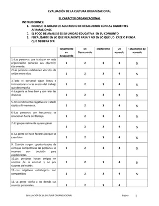 EVALUACIÓN DE LA CULTURA ORGANIZACIONAL

                                            EL CARÁCTER ORGANIZACIONAL
         INSTRUCCIONES:
            1. INDIQUE EL GRADO DE ACUERDO O DE DESACUERDO CON LAS SIGUIENTES
               AFIRMACIONES
            2. EL FOCO DE ANALISIS ES SU UNIDAD EDUCATIVA EN SU CONJUNTO
            3. FOCALIZARSE EN LO QUE REALMENTE PASA Y NO EN LO QUE UD. CREE O PIENSA
               QUE DEBIERA SER.

                                            Totalmente       En       Indiferente     De       Totalmente de
                                                en       Desacuerdo                 acuerdo       acuerdo
                                            desacuerdo
1.-Las personas que trabajan en esta
organización conocen sus objetivos              1            2            3           4             5
claramente.
2.Las personas establecen vínculos de
unión entre ellas                               1            2            3           4             5

3.Todo el personal sigue líneas e
instrucciones claras acerca del trabajo         1            2            3           4             5
que desempeña
4.-La gente se lleva bien y son raras las
disputas                                        1            2            3           4             5

5.-Un rendimiento negativo es tratado
rápida y firmemente.                            1            2            3           4             5

6.-Las personas con frecuencia se
relacionan fuera del trabajo                    1            2            3           4             5

7.-El grupo realmente quiere ganar
                                                1            2            3           4             5

8.-La gente se hace favores porque se
caen bien                                       1            2            3           4             5

9. Cuando surgen oportunidades de
ventajas competitivas las personas se           1            2            3           4             5
mueven        con   decisión     para
capitalizarlas.
10.Las personas hacen amigos en
nombre de la amistad y no por                   1            2            3           4             5
razones de interés
11.-Los objetivos estratégicos son
compartidos                                     1            2            3           4             5

12.-La gente confía a los demás sus
asuntos personales.                             1            2            3           4


             EVALUACIÓN DE LA CULTURA ORGANIZACIONAL                                      Página    1
 