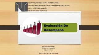 REPUBLICA BOLIVARIANA DE VENEZUELA
MINISTERIO DEL PODER POPULAR PARA LA EDUCACION
I.U.P. “SANTIAGO MARIÑO”
MATURIN EDO MONAGAS
REALIZADO POR:
ZAPATA, YOLIMAR
C.I.: 14.317.685
MATURÍN, JULIO DEL 2014
 