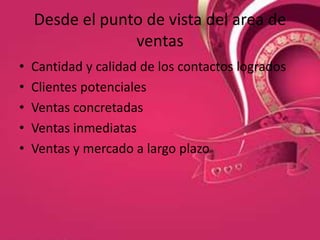 Desde el punto de vista del area de
                 ventas
•   Cantidad y calidad de los contactos logrados
•   Clientes potenciales
•   Ventas concretadas
•   Ventas inmediatas
•   Ventas y mercado a largo plazo
 