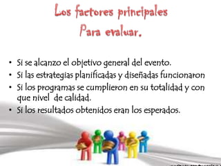 • Si se alcanzo el objetivo general del evento.
• Si las estrategias planificadas y diseñadas funcionaron
• Si los programas se cumplieron en su totalidad y con
  que nivel de calidad.
• Si los resultados obtenidos eran los esperados.
 