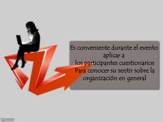 Es conveniente durante el evento
              aplicar a
  los participantes cuestionarios
  Para conocer su sentir sobre la
     organización en general
 