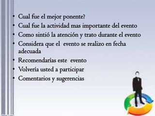 • Cual fue el mejor ponente?
• Cual fue la actividad mas importante del evento
• Como sintió la atención y trato durante el evento
• Considera que el evento se realizo en fecha
  adecuada
• Recomendarías este evento
• Volvería usted a participar
• Comentarios y sugerencias
 