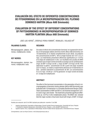 EVALUACIÓN DEL EFECTO DE DIFERENTES CONCENTRACIONES
        DE FITOHORMONAS EN LA MICROPROPAGACIÓN DEL PLÁTANO
                DOMINICO HARTÓN (Musa AAB Simmonds)

        EVALUATION OF THE EFFECT OF DIFFERENT CONCENTRATIONS
         OF PHYTOHORMONES IN MICROPROPAGATION OF DOMINICO
                HARTÓN PLANTAIN (Musa AAB Simmonds)

                  josé luis hoyos1, críspulo perea román2, reinaldo j velasco m3

PALABRAS CLAVES:                                  RESUMEN

micropropagación, plátano, hor-                   Se evaluó el efecto de la concentración hormonal en la generación de bro-
monas, multiplicación, brotes                     tes al micropropagar plátano dominico hartón (Musa AAB Simmonds) con
                                                  10 tratamientos en un diseño completamente al azar (DCA). Se probaron
                                                  tres concentraciones de BAP y AIA en arreglo factorial 3x3: 0.01; 0.5 y 5
KEY WORDS:                                        mg/L. Los tratamientos presentaron diferencias significativas (p< 0.01%)
                                                  en la etapa de multiplicación in vitro. Los resultados de la prueba de DMSt
micropropagation, plantain, hor-                  mostraron que el mayor número de brotes se produjo con las combinaciones
mones, multiplication, buds.                      5mg/L de BAP / 0.5mg/L de AIA y 5mg/L de BAP / 0.01mg/L de AIA. Para
                                                  determinar la óptima concentración de AIA a partir del rango resultante
                                                  (0.01-0.5mg/L), se realizó un experimento adicional con 6 tratamientos en
                                                  DCA, variando solamente la concentración de AIA. Las concentraciones
                                                  0.2 y 0.3 mg/L de AIA (p< 0.01%) generaron el mayor número de brotes
                                                  en la etapa de multiplicación.


                                                  ABSTRACT

                                                  The effect of the hormonal concentration in the generation of bud in mi-
                                                  cropropagation of dominico-harton plantain (Musa AAB Simmonds) was
                                                  evaluated with 10 treatments in a Complete Randomized Design (CRD).
                                                  Three concentrations of BAP and IAA in a 3x3 factorial arrangement: 0,01;
                                                  0,5 and 5 mg/L were tested. The treatments presented significant differ-
                                                  ences (p< 0.01%) in vitro multiplication phase. The MSDt test showed
                                                  that the major number of bud were found with 5mg/L of BAP / 0.5mg/L
____________
recibido para evaluación: julio 23 de 2008. Aprobado para publicación: noviembre 15 de 2008

1.	Ingeniero Agroindustrial. Especialista en Biotecnología. Docente Facultad Ciencias Agropecuarias. Universidad del Cauca, Popayán.
	       2.	Estudiante de Ingeniería Agropecuaria. Universidad del Cauca, Popayán. e_mail: perea8877@hotmail.com
3.	Ingeniero Químico, M.Sc, Especialista en Biotecnología. Docente Facultad Ciencias Agropecuarias. Universidad del Cauca, Popayán.
	
Correspondencia: José Luis Hoyos Concha. e-mail: jlhoyos@unicauca.edu.co
 