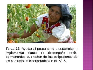 Tarea 22: Ayudar al proponente a desarrollar e
implementar planes de desempeño social
permanentes que traten de las obligaciones de
los contratistas incorporadas en el PGIS.
 