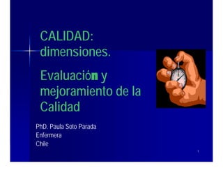 1
1
CALIDAD:
dimensiones.
Evaluación y
mejoramiento de la
Calidad
PhD. Paula Soto Parada
Enfermera
Chile
 