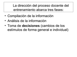      La dirección del proceso docente del entrenamiento abarca tres fases: Compilación de la información  Análisis de la información  Toma de  decisiones  (cambios de los estímulos de forma general e individual)  