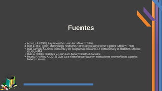 Fuentes
Arnaz, J. A. (2009). La planeación curricular. México: Trillas.
Díaz, F. et al. (2011) Metodología de diseño curricular para educación superior. México: Trillas.
Díaz-Barriga, Á. (2010). El docente y los programas escolares. Lo institucional y lo didáctico. México:
IISUE/UNAM.
Diaz, Á. (2006). Didáctica y currículum. México: Paidós Educador.
Picazo, N. y Ríos, A. (2012). Guía para el diseño curricular en instituciones de enseñanza superior.
México: Limusa.
 