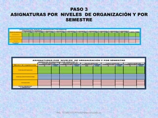 PASO 3
ASIGNATURAS POR NIVELES DE ORGANIZACIÓN Y POR
SEMESTRE
ING. TELMO VITERI tviteri@pucesa.edu.ec
 