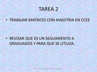 TAREA 2
• TRABAJAR MATRICES CON MAESTRIA EN CCEE
• REVIZAR QUE ES UN SEGUIMIENTO A
GRADUADOS Y PARA QUE SE UTILIZA.
ING. TELMO VITERI tviteri@pucesa.edu.ec
 