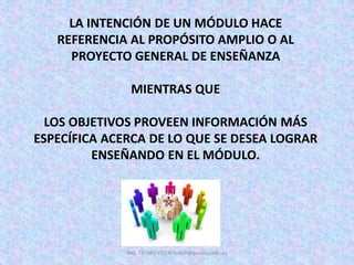LA INTENCIÓN DE UN MÓDULO HACE
REFERENCIA AL PROPÓSITO AMPLIO O AL
PROYECTO GENERAL DE ENSEÑANZA
MIENTRAS QUE
LOS OBJETIVOS PROVEEN INFORMACIÓN MÁS
ESPECÍFICA ACERCA DE LO QUE SE DESEA LOGRAR
ENSEÑANDO EN EL MÓDULO.
ING. TELMO VITERI tviteri@pucesa.edu.ec
 