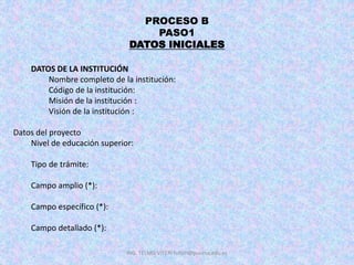 PROCESO B
PASO1
DATOS INICIALES
DATOS DE LA INSTITUCIÓN
Nombre completo de la institución:
Código de la institución:
Misión de la institución :
Visión de la institución :
Datos del proyecto
Nivel de educación superior:
Tipo de trámite:
Campo amplio (*):
Campo específico (*):
Campo detallado (*):
ING. TELMO VITERI tviteri@pucesa.edu.ec
 
