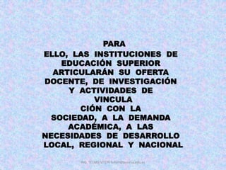 PARA
ELLO, LAS INSTITUCIONES DE
EDUCACIÓN SUPERIOR
ARTICULARÁN SU OFERTA
DOCENTE, DE INVESTIGACIÓN
Y ACTIVIDADES DE
VINCULA
CIÓN CON LA
SOCIEDAD, A LA DEMANDA
ACADÉMICA, A LAS
NECESIDADES DE DESARROLLO
LOCAL, REGIONAL Y NACIONAL
ING. TELMO VITERI tviteri@pucesa.edu.ec
 