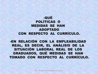 -QUÉ
POLÍTICAS O
MEDIDAS SE HAN
ADOPTADO
CON RESPECTO AL CURRÍCULO.
-EN RELACIÓN CON LA EMPLEABILIDAD
REAL, ES DECIR, EL ANÁLISIS DE LA
SITUACIÓN LABORAL REAL DE LOS
GRADUADOS, QUÉ MEDIDAS SE HAN
TOMADO CON RESPECTO AL CURRÍCULO.
ING. TELMO VITERI tviteri@pucesa.edu.ec
 