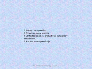 ING. TELMO VITERI tviteri@pucesa.edu.ec
Sujetos que aprenden.
Conocimientos y saberes.
Contextos: Sociales, productivos, culturales y
ambientales.
Ambientes de aprendizaje.
 