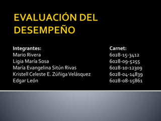 Integrantes: Carnet:
Mario Rivera 6028-15-3412
Ligia María Sosa 6028-09-5255
María Evangelina Sitún Rivas 6028-10-12309
Kristell Celeste E. ZúñigaVelásquez 6028-04-14839
Edgar León 6028-08-15861
 