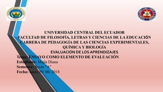 UNIVERSIDAD CENTRAL DEL ECUADOR
FACULTAD DE FILOSOFÍA, LETRAS Y CIENCIAS DE LA EDUCACIÓN
CARRERA DE PEDAGOGÍA DE LAS CIENCIAS EXPERIMENTALES,
QUÍMICA Y BIOLOGÍA
EVALUACIÓN DE LOS APRENDIZAJES
Tema: ENSAYO COMO ELEMENTO DE EVALUACIÓN
Estudiante: Mejía Diana
Semestre: Sexto “A”
Fecha: lunes 19/ 06/ 2018
 