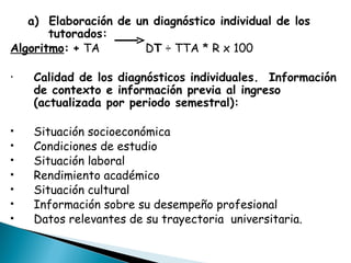 a)  Elaboración de un diagnóstico individual de los tutorados: Algoritmo :   +  TA  D T   ÷ TTA * R x 100   Calidad de los diagnósticos individuales.  Información de contexto e información previa al ingreso (actualizada por periodo semestral):   Situación socioeconómica Condiciones de estudio Situación laboral Rendimiento académico Situación cultural Información sobre su desempeño profesional Datos relevantes de su trayectoria  universitaria. 