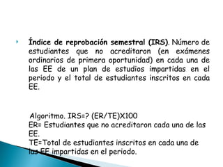 Índice de reprobación semestral (IRS) . Número de estudiantes que no acreditaron (en exámenes ordinarios de primera oportunidad) en cada una de las EE de un plan de estudios impartidas en el periodo y el total de estudiantes inscritos en cada EE. Algoritmo. IRS=? (ER/TE)X100 ER= Estudiantes que no acreditaron cada una de las EE. TE=Total de estudiantes inscritos en cada una de las EE impartidas en el periodo. 