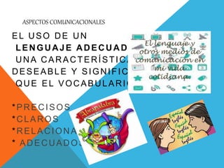 ASPECTOS COMUNICACIONALES
EL USO DE UN
LENGUAJE ADECUADO ES
UNA CARACTERÍSTICA
DESEABLE Y SIGNIFICA
QUE EL VOCABULARIO.
*PRECISOS
*CLAROS
*RELACIONADOS
* ADECUADOS
 