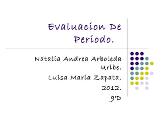Evaluacion De
       Periodo.
Natalia Andrea Arboleda
                 Uribe.
   Luisa Maria Zapata.
                 2012.
                    9°D
 