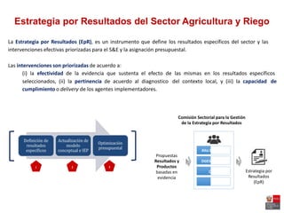 Estrategia por Resultados del Sector Agricultura y Riego
La Estrategia por Resultados (EpR), es un instrumento que define los resultados específicos del sector y las
intervenciones efectivas priorizadas para el S&E y la asignación presupuestal.
Las intervenciones son priorizadas de acuerdo a:
(i) la efectividad de la evidencia que sustenta el efecto de las mismas en los resultados específicos
seleccionados, (ii) la pertinencia de acuerdo al diagnostico
cumplimiento o delivery de los agentes implementadores.
del contexto local, y (iii) la capacidad de
Comisión Sectorial para la Gestión
de la Estrategia por Resultados
Propuestas
Resultados y
Productos
basadas en
evidencia
31 2
Estrategia por
Resultados
(EpR)
Alta Dirección
DGESEP DGPA
OGPP
 