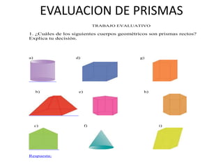 EVALUACION DE PRISMAS
TRABAJO EVALUATIVO

1. ¿Cuáles de los siguientes cuerpos geométricos son prismas rectos?
Explica tu decisión.

a)

d)

b)

c)

Respuesta;

g)

e)

h)

f)

i)

 