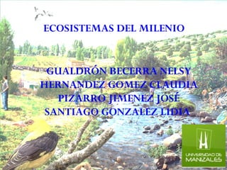 ECOSISTEMAS DEL MILENIO


 GUALDRÓN BECERRA NELSY
HERNANDEZ GOMEZ CLAUDIA
   PIZARRO JIMENEZ JOSÉ
 SANTIAGO GONZALEZ LIDIA 
 