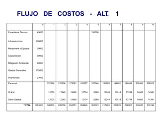 FLUJO DE COSTOS - ALT
. 1
0 1 2 3 4 5 6 7 8 9 10
Expediente Técnico 45000 150000
Infraestructura 900000
Maquinaria y Equipos 30000
Capacitación 30000
Mitigación Ambiental 40000
Gastos Generales 115000
Imprevistos 23000
Personal 172800 176256 179781 183377 187044 190785 194601 198493 202463 206512
O & M 12000 12240 12485 12734 12989 13249 13514 13784 14060 14341
Otros Gastos 12000 12240 12485 12734 12989 13249 13514 13784 14060 14341
TOTAL 1183000 196800 200736 204751 208846 363023 217283 221629 226061 230583 235194
 