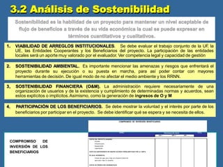 Sostenibilidad es la habilidad de un proyecto para mantener un nivel aceptable de
flujo de beneficios a través de su vida económica la cual se puede expresar en
términos cuantitativos y cualitativos.
1. VIABILIDAD DE ARREGLOS INSTITUCIONALES. Se debe evaluar el trabajo conjunto de la UF
, la
UE, las Entidades Cooperantes y los Beneficiarios del proyecto. La participación de las entidades
locales será un aporte muy valorado por el evaluador. Ver competencia legal y capacidad de gestión
2. SOSTENIBILIDAD AMBIENTAL. Es importante mencionar las amenazas y riesgos que enfrentará el
proyecto durante su ejecución o su puesta en marcha, para así poder contar con mayores
herramientas de decisión. De igual modo de no afectar el medio ambiente y los RRNN.
3, SOSTENIBILIDAD FINANCIERA (O&M). La administración requiere necesariamente de una
organización de usuarios y de la existencia y cumplimiento de determinadas normas y acuerdos, sean
estos explícitos o implícitos.Asimismo, como la generación de ingresos de O y M
4. PARTICIPACIÓN DE LOS BENEFICIARIOS. Se debe mostrar la voluntad y el interés por parte de los
beneficiarios por participar en el proyecto. Se debe identificar qué se espera y se necesita de ellos.
3.2 Análisis de Sostenibilidad
COMPROMISO DE INVERSIÓN BENEFICIARIOS
RUBRO PROGRAMACIÓN ANUAL TOTAL
AÑO 1 AÑO 2 AÑO ....
COMPROMISO DE
INVERSIÓN DE LOS
BENEFICIARIOS
COSTOS DEL PROYECTO ASUMIDOS
Estudios
Infraestructura
Equipamiento
Capacitación
COSTO DE MANTENIMIENTO DE EQUIPOS DE RIEGO PARCELARIO PAGO POR LA TARIFA
DE AGUA INCREMENTAL
Compra de agua para riego con proyecto Compra de
agua para riego sin proyecto
COSTOS DE PRODUCCIÓN INCREMENTALES
 