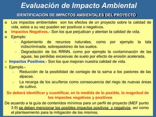 Evaluación de Impacto Ambiental
IDENTIFICACIÓN DE IMPACTOS AMBIENTALES DEL PROYECTO
 Los impactos ambientales son los efectos de un proyecto sobre la calidad de
vida, estos a su vez pueden ser positivos o negativos.
 Impactos Negativos.- Son los que perjudican y atentan la calidad de vida.
 Ejemplo:
 Agotamiento de recursos naturales, como por ejemplo la tala
indiscriminada, sobrepastoreo de los suelos.
 Degradación de los RRNN, como por ejemplo la contaminación de las
aguas, las perdidas excesivas de suelo por efecto de erosión acelerada.
 Impactos Positivos.- Son los que mejoran nuestra calidad de vida.
 Ejemplo.-
o Reducción de la posibilidad de contagio de la sarna a los pastores de las
alpacas.
o La recarga de los acuíferos como consecuencia del riego de nuevas áreas
de cultivo.
Se deberá identificar y cuantificar, en la medida de lo posible, la magnitud de
los impactos negativos y positivos
De acuerdo a la guía de contenidos mínimos para un perfil de proyecto (MEF punto
3.9) se deben mencionar los posibles impactos positivos y negativos, así como
el planteamiento para la mitigación de los mismos.
 