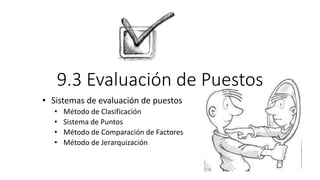 9.3 Evaluación de Puestos
• Sistemas de evaluación de puestos
• Método de Clasificación
• Sistema de Puntos
• Método de Comparación de Factores
• Método de Jerarquización
 