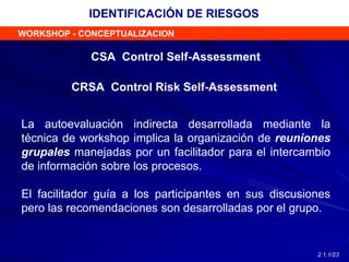 CSA Control Self-Assessment
CRSA Control Risk Self-Assessment
La autoevaluación indirecta desarrollada mediante la
técnica de workshop implica la organización de reuniones
grupales manejadas por un facilitador para el intercambio
de información sobre los procesos.
El facilitador guía a los participantes en sus discusiones
pero las recomendaciones son desarrolladas por el grupo.
WORKSHOP - CONCEPTUALIZACION
IDENTIFICACIÓN DE RIESGOS
2.1.1/23
 