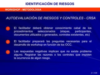 AUTOEVALUACIÓN DE RIESGOS Y CONTROLES - CRSA
El facilitador deberá obtener conocimiento cabal de los
procedimientos seleccionados (etapas, participantes,
documentos utilizados y generados, controles existentes, etc)
El facilitador preparará las preguntas necesarias para el
desarrollo de workshop en función de los OCC.
Las respuestas negativas implican que no existe problema
alguno. Registrar las razones o los controles que impiden
la ocurrencia de algún riesgo.
WORKSHOP - METODOLOGIA
1
2
3
IDENTIFICACIÓN DE RIESGOS
2.1.1/29
 