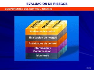 Monitoreo
Informacion y
Comunicacion
Actividades de control
Evaluacion de riesgos
Ambiente de control
COMPONENTES DEL CONTROL INTERNO
EVALUACION DE RIESGOS
1.1.1/03
 