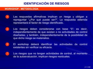 Las respuestas afirmativas implican un riesgo y obligan a
repreguntar “¿Por qué puede ser?”. La respuesta obtenida
representará el factor de riesgo identificado.
Los riesgos deben considerarse con base “0”; es decir,
independientemente de que existan o no actividades de control
diseñadas; y también, independientemente de la posibilidad de
que dicho riesgo se materialice.
El workshop deberá identificar las actividades de control
existentes sin verificar su eficacia.
Los riesgos que no tengan actividades de control, al momento
de la autoevaluación, implican riesgos residuales.
WORKSHOP - METODOLOGIA
4
5
6
7
IDENTIFICACIÓN DE RIESGOS
2.1.1/30
 