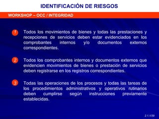 WORKSHOP – OCC / INTEGRIDAD
Todos los movimientos de bienes y todas las prestaciones y
recepciones de servicios deben estar evidenciados en los
comprobantes internos y/o documentos externos
correspondientes.
Todos los comprobantes internos y documentos externos que
evidencien movimientos de bienes o prestación de servicios
deben registrarse en los registros correspondientes.
Todas las operaciones de los procesos y todas las tareas de
los procedimientos administrativos y operativos rutinarios
deben cumplirse según instrucciones previamente
establecidas.
1
2
3
IDENTIFICACIÓN DE RIESGOS
2.1.1/39
 