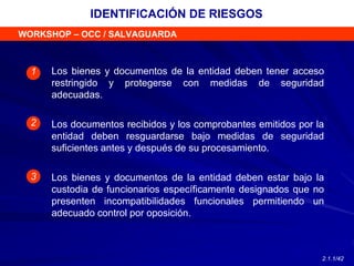 WORKSHOP – OCC / SALVAGUARDA
Los bienes y documentos de la entidad deben tener acceso
restringido y protegerse con medidas de seguridad
adecuadas.
Los documentos recibidos y los comprobantes emitidos por la
entidad deben resguardarse bajo medidas de seguridad
suficientes antes y después de su procesamiento.
Los bienes y documentos de la entidad deben estar bajo la
custodia de funcionarios específicamente designados que no
presenten incompatibilidades funcionales permitiendo un
adecuado control por oposición.
1
2
3
IDENTIFICACIÓN DE RIESGOS
2.1.1/42
 