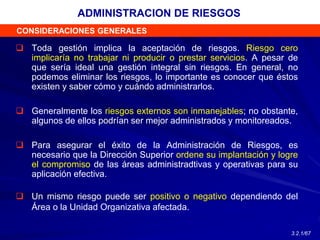  Toda gestión implica la aceptación de riesgos. Riesgo cero
implicaría no trabajar ni producir o prestar servicios. A pesar de
que sería ideal una gestión integral sin riesgos. En general, no
podemos eliminar los riesgos, lo importante es conocer que éstos
existen y saber cómo y cuándo administrarlos.
 Generalmente los riesgos externos son inmanejables; no obstante,
algunos de ellos podrían ser mejor administrados y monitoreados.
 Para asegurar el éxito de la Administración de Riesgos, es
necesario que la Dirección Superior ordene su implantación y logre
el compromiso de las áreas administradtivas y operativas para su
aplicación efectiva.
 Un mismo riesgo puede ser positivo o negativo dependiendo del
Área o la Unidad Organizativa afectada.
CONSIDERACIONES GENERALES
ADMINISTRACION DE RIESGOS
3.2.1/67
 