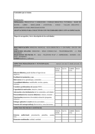 Contenidos que se tratan:
 .
 .
 .
 Destinatarios:
 TIPOLOGÍA: PREGUNTAS Y EJERCICIOS - UNIDAD DIDÁCTICA TUTORIAL - BASE DE
 DATOS - LIBRO - SIMULADOR / AVENTURA - JUEGO / TALLER CREATIVO -
 HERRAMIENTA PARA PROCESAR DATOS
 ADAPTACIONES PARA COLECTIVOS CON NECESIDADES EDUCATIVAS ESPECIALES:
 .
 Mapa de navegación y breve descripción de las actividades:
 .
 .
 .
 .
 .
 DOCUMENTACIÓN: NINGUNA -MANUAL - GUíA DIDÁCTICA -///- EN PAPEL - EN CD - ON-
 LINE -
 SERVICIOS ON-LINE: NINGUNO - SÓLO CONSULTAS - TELEFORMACIÓN -///- POR
 INTERNET
 REQUISITOS TÉCNICOS: PC - MAC - TELÉFONO WAP -///- IMPRESORA - SONIDO - CD -
 DVD - INTERNET
 OTROS hardware y software):


ASPECTOS PEDAGÓGICOS Y FUNCIONALES.                                                                   marcar con una X, donde proceda, la
valoración
                                                                                                  EXCEL       ALTA     CORRE BAJA
                                                                                                  ENTE                 CTA
Eficacia didáctica, puede facilitar el logro de sus                                     .                     .        .         .
objetivos………...........................................................................
Facilidad de instalación y uso……………………………........ .                                                           .        .         .

Relevancia de los aprendizajes, contenidos ............................... .                                  .        .         .
Versatilidad didáctica: modificable, niveles, ajustes,                                        .               .        .         .
informes…....................................................................................
                                                                                              .               .        .         .
Considera problemáticas de acceso (NEE) ..............................
Capacidad de motivación, atractivo, interés.............................. .                                   .        .         .
Adecuación a los destinatarios de los contenidos, actividades                                     .           .        .         .
Potencialidad de los recursos didácticos: síntesis, resumen .... .                                            .        .         .

Tutorización,tratamiento diversidad,evaluación (preguntas,                                                    .        .         .
refuerzo) .....................................................................................   .
                                                                                                  .           .        .         .
Enfoque aplicativo/ creativo de las actividades….....………..
Fomento del autoaprendizaje, la iniciativa, toma decisiones .. .                                              .        .         .
ASPECTOS TÉCNICOS Y ESTÉTICOS
                                                                                                  EXCEL       ALTA     CORRE BAJA
                                                                                                  ENTE                 CTA
Entorno audiovisual: presentación, pantallas, sonido, .                                                       .        .         .
letra.......................................................................................……
                                                                                               .              .        .         .
Elementos multimedia: calidad, cantidad….............................
                                                                                               .              .        .         .
 