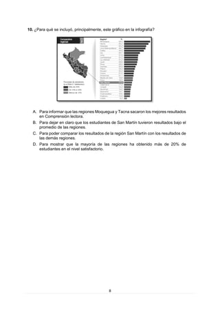 8 
10. ¿Para qué se incluyó, principalmente, este gráfico en la infografía? 
A. Para informar que las regiones Moquegua y Tacna sacaron los mejores resultados en Comprensión lectora. 
B. Para dejar en claro que los estudiantes de San Martín tuvieron resultados bajo el promedio de las regiones. 
C. Para poder comparar los resultados de la región San Martín con los resultados de las demás regiones. 
D. Para mostrar que la mayoría de las regiones ha obtenido más de 20% de estudiantes en el nivel satisfactorio. 
 