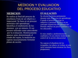 MEDICION Y EVALUACION  DEL PROCESO EDUCATIVO MEDICION Se realiza al final del proceso de enseñanza. T rata de ser objetiva e impersonal.   Se basa en un proceso atomístico del aprendizaje.   Identifica el rendimiento de los alumnos  con un número. Es un recurso utilizado como antecedente  por la evaluación.   Históricamente aparece antes determinando el estado del sujeto, la medición no supone necesariamente formular planes de acción. EVALUACION Se efectúa en forma permanente durante todo el proceso de aprendizaje. Cuando el proceso lo exige es subjetiva y personal. Se basa en un concepto organicista del aprendizaje. Permite obtener un juicio cualitativo de los educandos. Es mas amplia y preferentemente cualitativa. Es un criterio moderno de control de la acción educacional. No supone el abandono de los rezagados, (se educa, se evalua, en una serie constante hasta alcanzar los fines propuestos). 