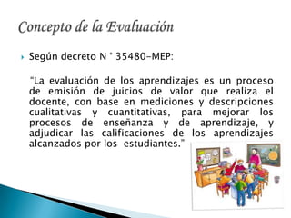  Según decreto N ° 35480-MEP:
“La evaluación de los aprendizajes es un proceso
de emisión de juicios de valor que realiza el
docente, con base en mediciones y descripciones
cualitativas y cuantitativas, para mejorar los
procesos de enseñanza y de aprendizaje, y
adjudicar las calificaciones de los aprendizajes
alcanzados por los estudiantes.”
 