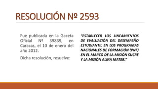 RESOLUCIÓN Nº 2593
Fue publicada en la Gaceta
Oficial Nº 39839, en
Caracas, el 10 de enero del
año 2012.
Dicha resolución, resuelve:
“ESTABLECER LOS LINEAMIENTOS
DE EVALUACIÓN DEL DESEMPEÑO
ESTUDIANTIL EN LOS PROGRAMAS
NACIONALES DE FORMACIÓN (PNF)
EN EL MARCO DE LA MISIÓN SUCRE
Y LA MISIÓN ALMA MATER.”
 