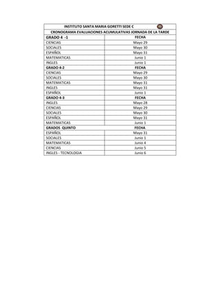 INSTITUTO SANTA MARIA GORETTI SEDE C
   CRONOGRAMA EVALUACIONES ACUMULATIVAS JORNADA DE LA TARDE
GRADO 4 -1                                      FECHA
CIENCIAS                                       Mayo 29
SOCIALES                                       Mayo 30
ESPAÑOL                                        Mayo 31
MATEMATICAS                                     Junio 1
INGLES                                          Junio 1
GRADO 4-2                                       FECHA
CIENCIAS                                       Mayo 29
SOCIALES                                       Mayo 30
MATEMATICAS                                    Mayo 31
INGLES                                         Mayo 31
ESPAÑOL                                         Junio 1
GRADO 4-3                                       FECHA
INGLES                                         Mayo 28
CIENCIAS                                       Mayo 29
SOCIALES                                       Mayo 30
ESPAÑOL                                        Mayo 31
MATEMATICAS                                     Junio 1
GRADOS QUINTO                                   FECHA
ESPAÑOL                                        Mayo 31
SOCIALES                                        Junio 1
MATEMATICAS                                     Junio 4
CIENCIAS                                        Junio 5
INGLES - TECNOLOGIA                             Junio 6
 