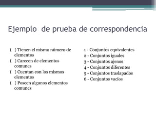 Ejemplo de prueba de correspondencia

( ) Tienen el mismo número de   1 - Conjuntos equivalentes
  elementos                     2 - Conjuntos iguales
( ) Carecen de elementos        3 - Conjuntos ajenos
  comunes                       4 - Conjuntos diferentes
( ) Cuentan con los mismos      5 - Conjuntos traslapados
  elementos                     6 - Conjuntos vacíos
( ) Poseen algunos elementos
  comunes
 